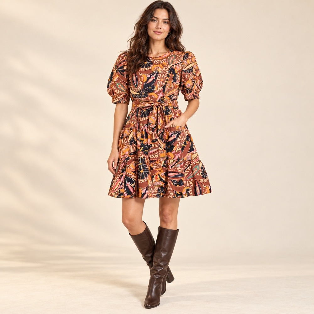 A.L.C. Maya Cotton Mini Dress Womens 8 Brown Abstract Floral Puff Sleeve Belted